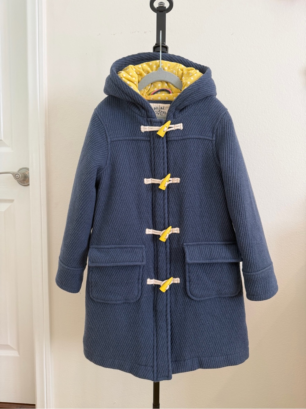 Boden Navy Hooded Duffle Wool Coat with Yellow Accents